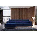 Sofá 3 Lugares Living Com Chaise Esquerdo Pés E Base Em Madeira Linho Cotton Azul Marinho