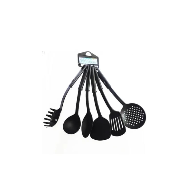 Conjunto De Utensílios De Cozinha Com 6 Colheres De Nylon Pretas De 31 A 33 Cm Para Uso Doméstico