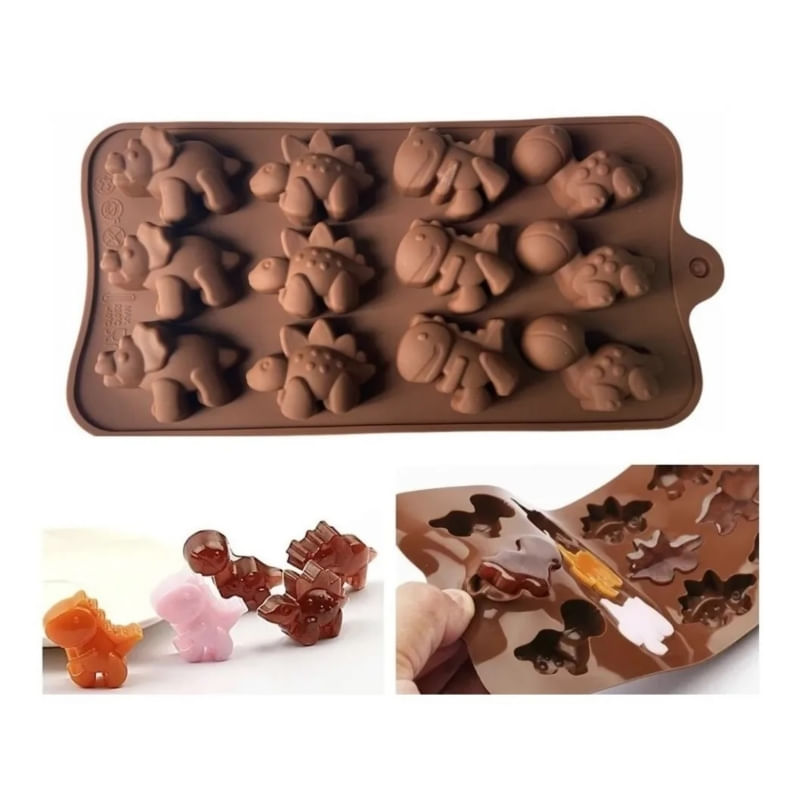 Molde De Dinossauro De Silicone E Chocolate Com 12 Formas 20,5x10cm