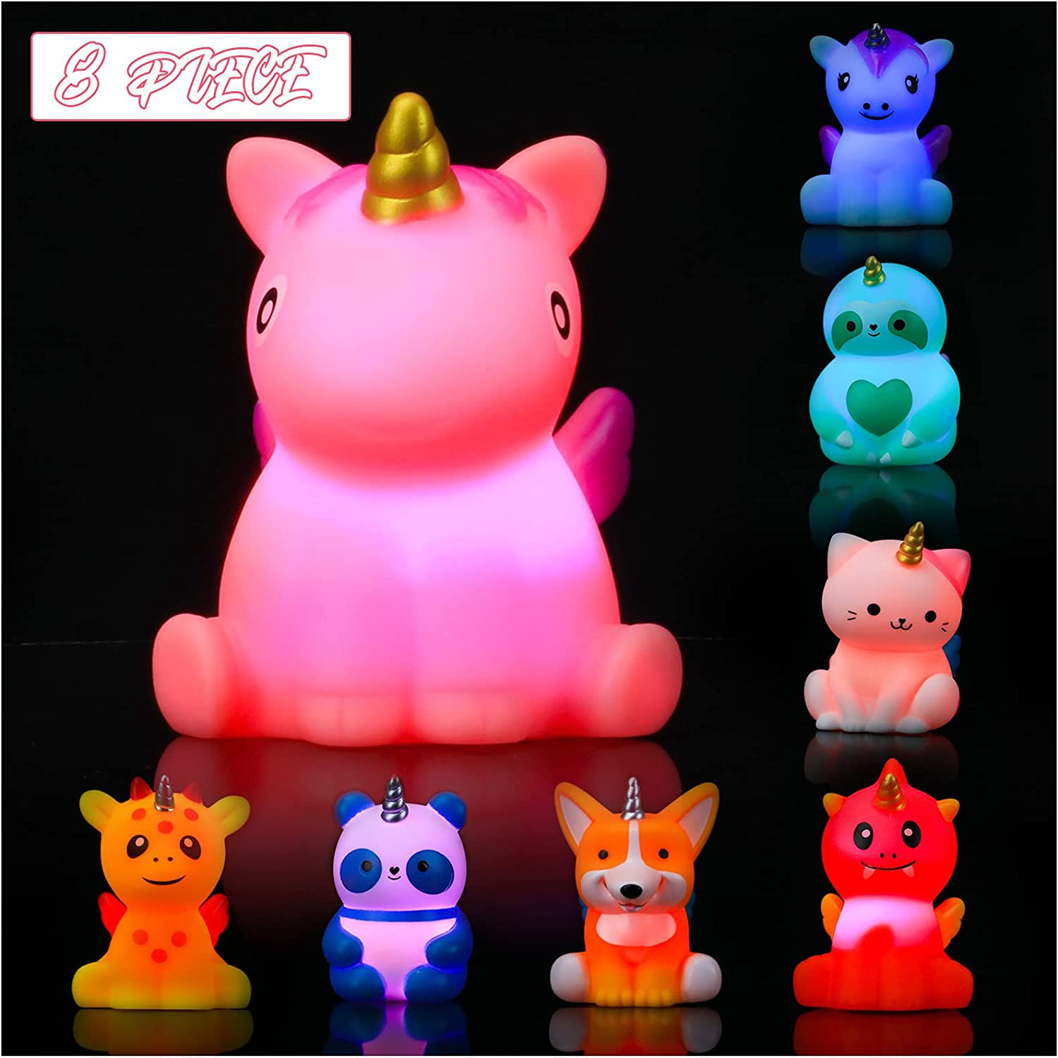 Brinquedos De Banho De Unicórnio Iluminados, Brinquedos Flutuantes De Banheira De Borracha (8 Unidades), Luz De Mudança De Cor Intermitente