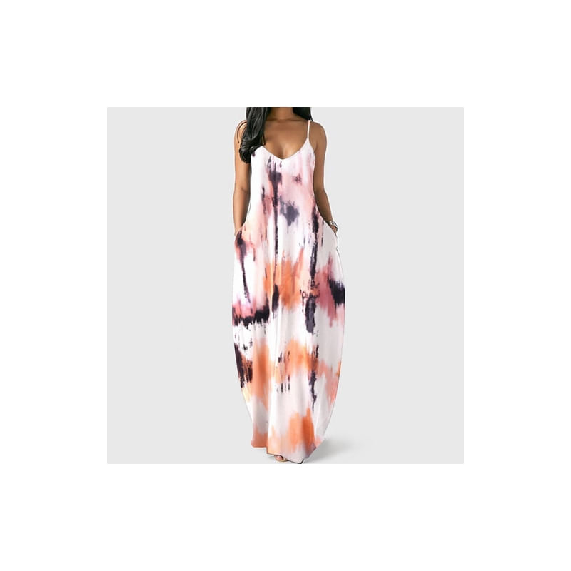 Vestido Feminino Casual Com Estampa Tie-dye, Sem Mangas, Bolso Com Decote Em V