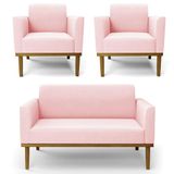 Sofá Namoradeira E 2 Poltronas Base Madeira Castanho Maressa Suede Rosa Bebê