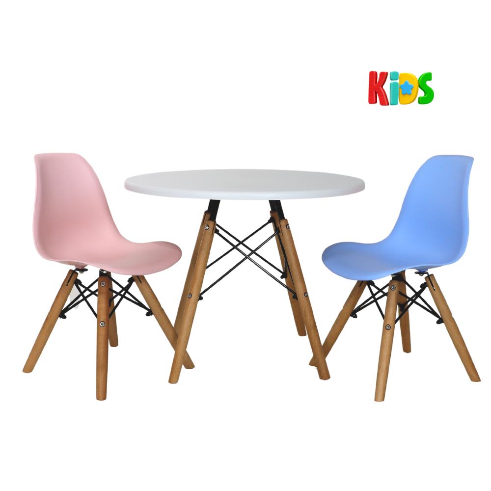 Kit Mesa Redonda Branca 60cm + 2 Cadeiras Charles Eames Eiffel Infantil Kids Azul E Rosa Claro