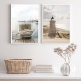 Kit 2 Quadros Praia Branco- Corda E Farol 45x34cm - Vidro