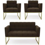 Sofá Namoradeira E 2 Poltronas Base Industrial Dourado Ana Suede Marrom