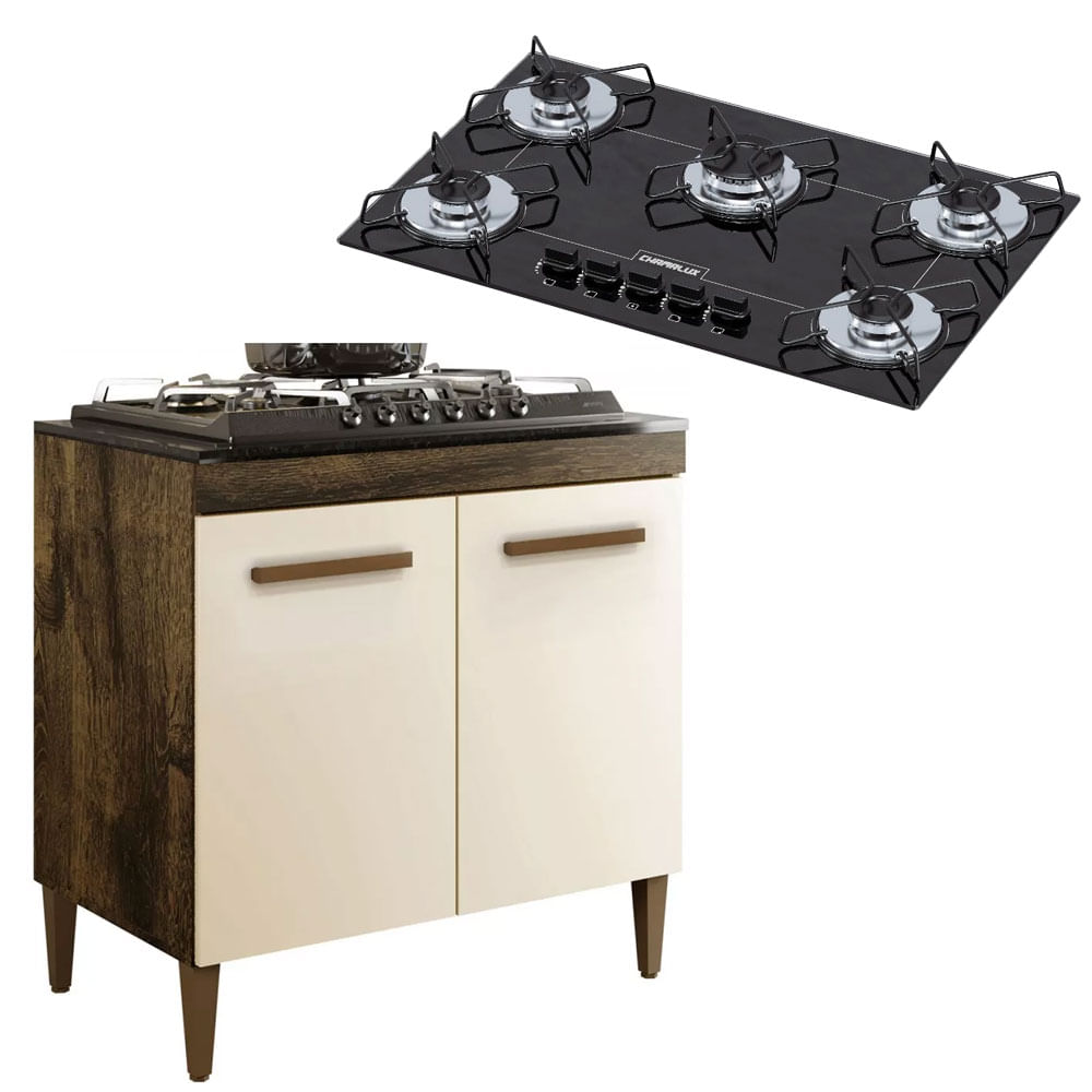 Kit Balcão Cooktop Sevilha 2 Portas Ypê/off White Com Fogão Cooktop 5 Bocas Chamalux