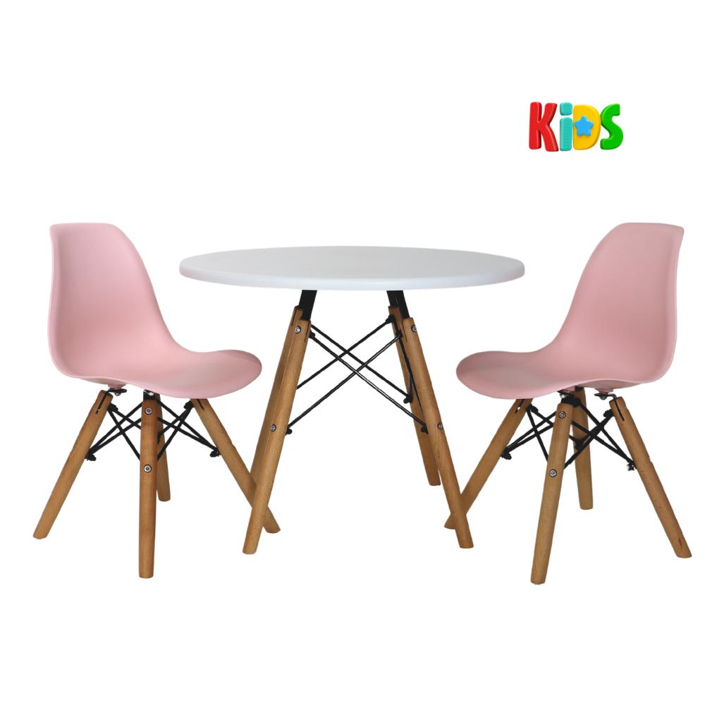 Kit Mesa Redonda Branca 60cm + 2 Cadeiras Charles Eames Eiffel Infantil Kids Rosa Claro