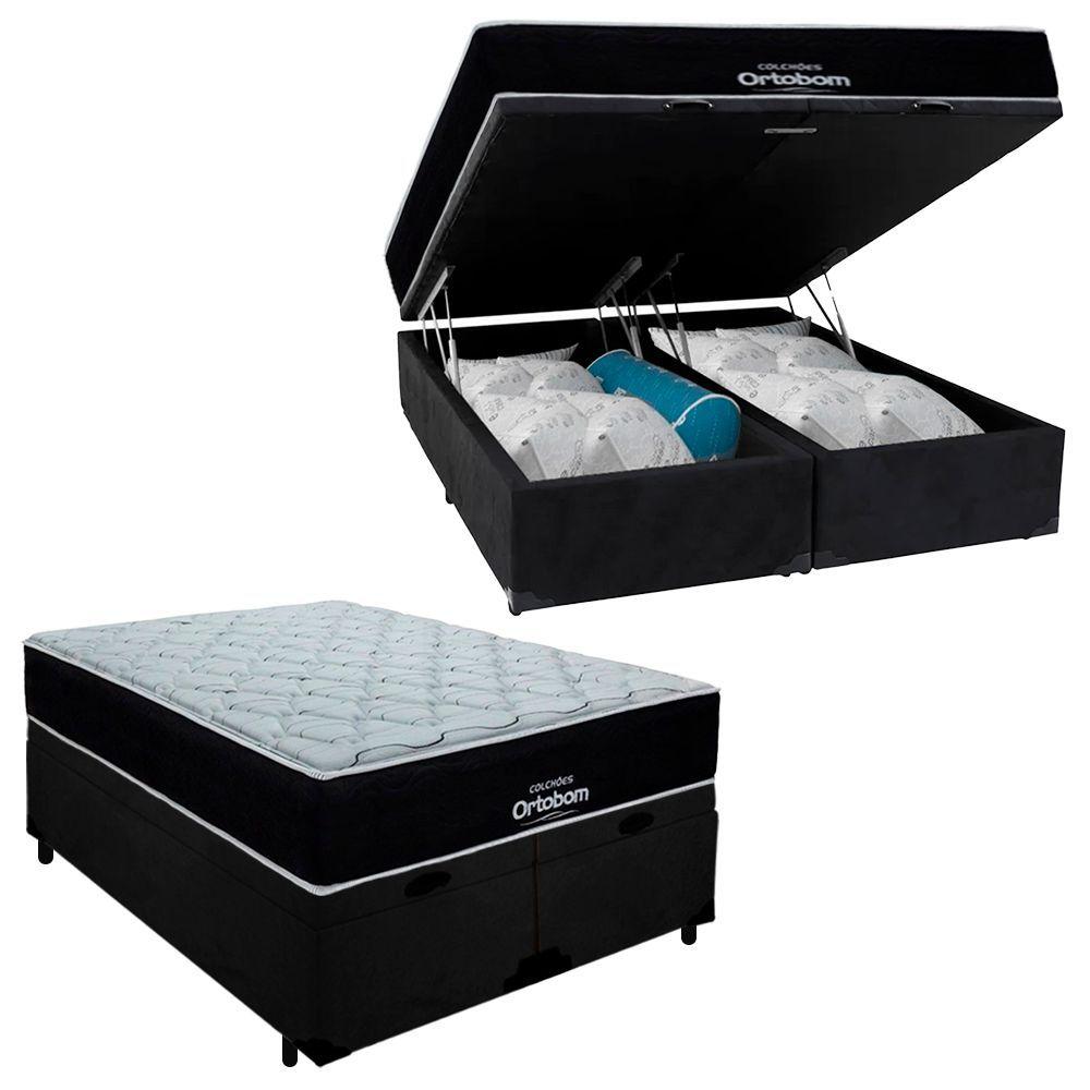 Cama Box Baú Queen Suede + Colchão Airtech Molas Ensacadas Antares Ortobom 158x188x71 Preto