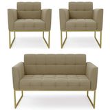 Sofá Namoradeira E 2 Poltronas Base Industrial Dourado Ana Suede Marrom Rt