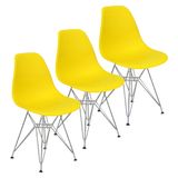 Kit 3 Cadeiras Charles Eames Eiffel Base Metal Cromado Amarela