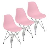 Kit 3 Cadeiras Charles Eames Eiffel Base Metal Cromado Rosa