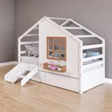 Cama Casinha Com Janela Com 02 Gavetas E Escada/escorregador Madeira Maciça Branco/ Amêndoa Housin