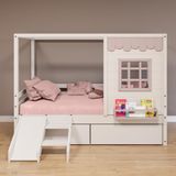 Cama Casinha Reta Com 02 Gavetas E Escorregador Madeira Maciça Branco- Rosa Housin