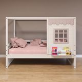 Cama Casinha Reta Madeira Maciça Branco- Rosa Housin