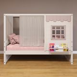 Cama Casinha Reta Com Cortina Madeira Maciça Branco- Rosa Housin