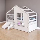 Cama Casinha Com Janela Com 02 Gavetas E Escada/escorregador Madeira Maciça Branco Housin