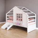 Cama Casinha Com Janela E Escada- Escorregador Madeira Maciça Branco- Rosa Housin