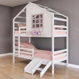 Beliche Casinha Com Janela Com Escada- Escorregador E Grade De Proteção Madeira Branco- Rosa