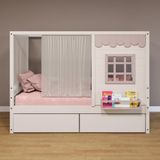 Cama Casinha Reta Com 02 Gavetas E Cortina Madeira Maciça Branco- Rosa Housin