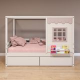 Cama Casinha Reta Com 02 Gavetas Madeira Maciça Branco- Rosa Housin