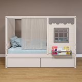 Cama Casinha Reta Com 02 Gavetas E Cortina Madeira Maciça Branco- Cinza Housin