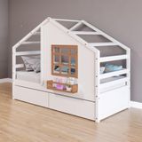 Cama Casinha Com Janela Com 02 Gavetas Madeira Maciça Branco/ Amêndoa Housin