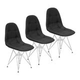 Kit 3 Cadeiras Charles Eames Botonê Eiffel Base Metal Cromado - Preto