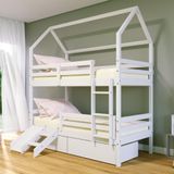 Beliche Casinha Solteiro Slim 02 Gavetas Grade De Proteção E Mini Escada-escorregador Madeira Branco