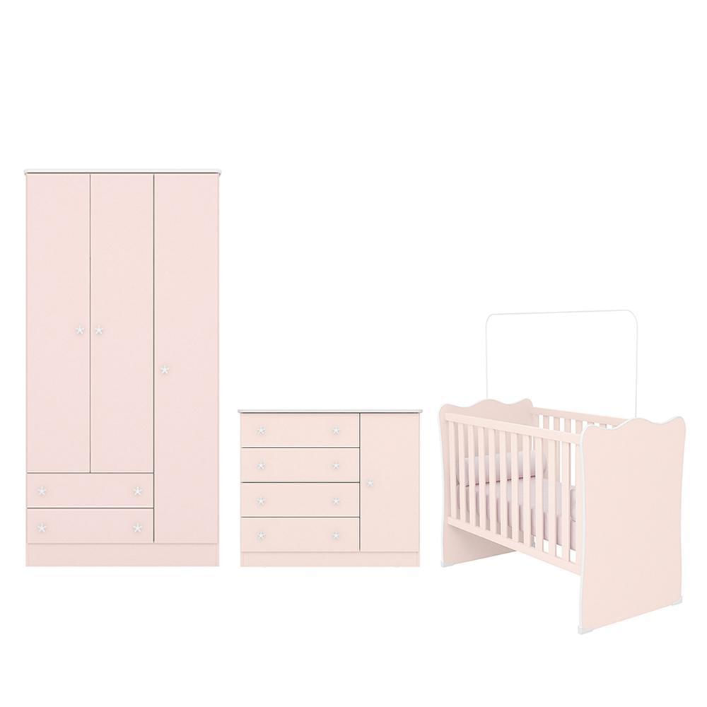 Dormitório Infantil Doce Sonho 3 Portas, Cômoda 1 Porta E Berço Rosa Acetinado - Qmovi