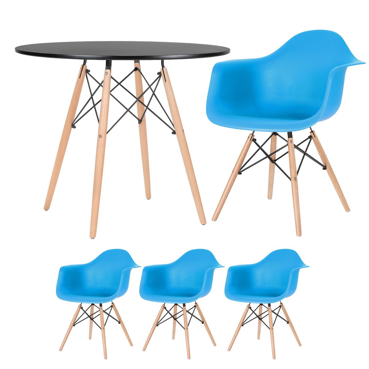 Mesa Redonda Eames 90 Cm Preto + 3 Cadeiras Eiffel Daw Azul Céu