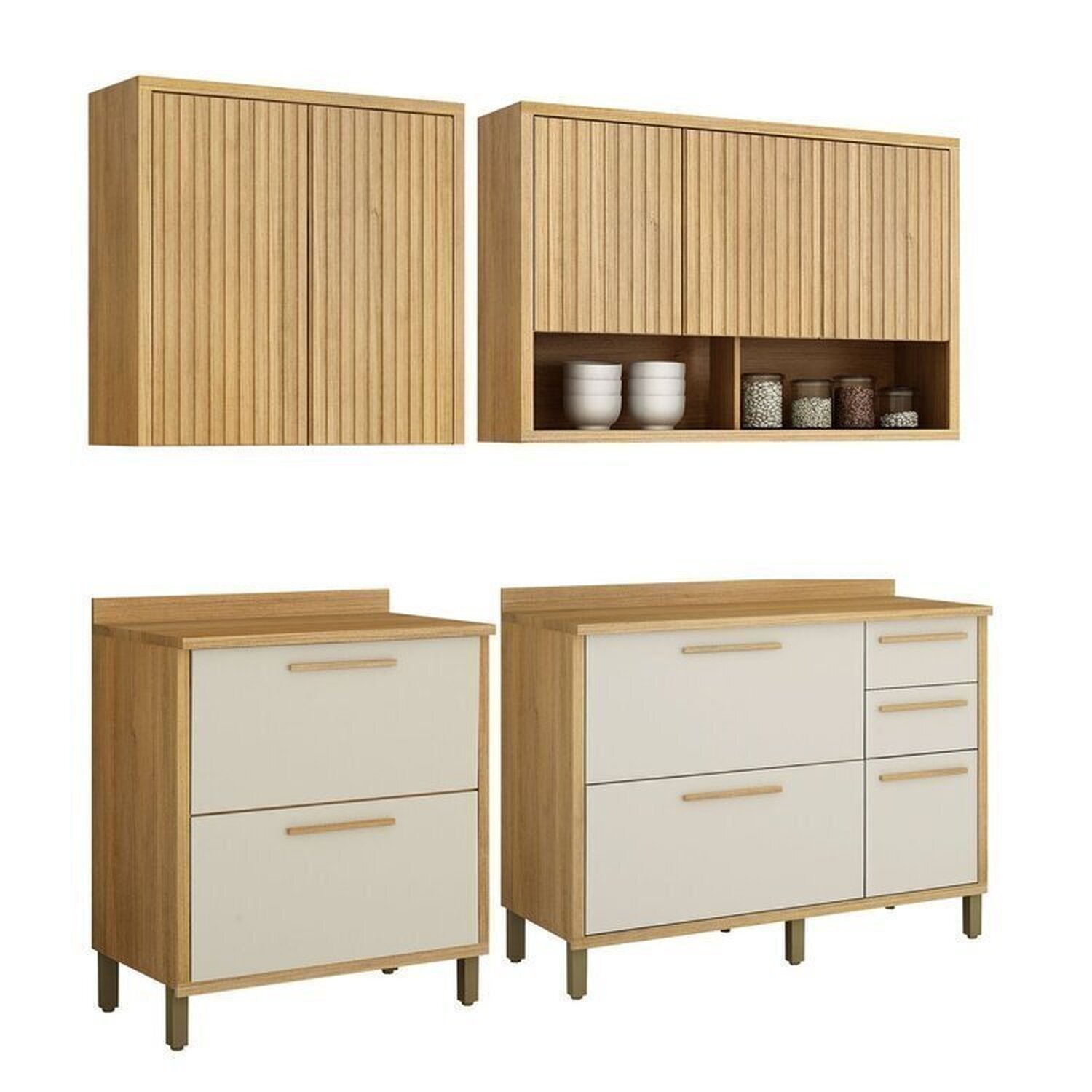 Conjunto De Cozinha 2 Armários Aéreo Ripado E 2 Balcões Torino Cinamomo/off White