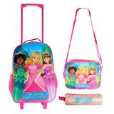 Kit Mochila Infantil Escolar Com Rodinha Lancheira Térmica E Estojo 3 Peças Princesas