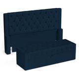 Cabeceira E Calçadeira Báu King Size Atena 195cm Capitonê Veludo Azul Marinho - Desk Design