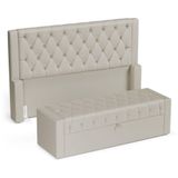 Cabeceira E Calçadeira Báu Casal Padrão Atena 140cm Capitonê Sintético Bege - Desk Design
