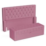 Cabeceira E Calçadeira Báu King Size Atena 195cm Capitonê Suede Rosa - Desk Design