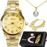 Relogio Feminino Aço Banhado Ouro + Pulseira + Colar Strass