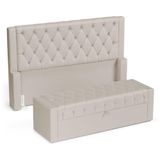 Cabeceira E Calçadeira Báu King Size Atena 195cm Capitonê Suede Bege Claro - Desk Design