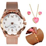 Relogio Feminino Dourado Prova Dagua Silicone + Colar + Puls