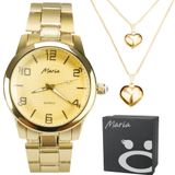 Caixa + Colar Duplo Coração + Relogio Feminino Dourado Aço