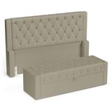 Cabeceira E Calçadeira Báu Casal Padrão Atena 140cm Capitonê Veludo Bege - Desk Design