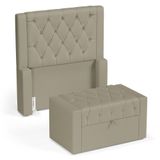 Cabeceira E Calçadeira Báu Solteiro Atena 90cm Capitonê Veludo Bege - Desk Design