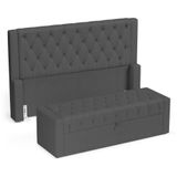 Cabeceira E Calçadeira Báu Queen Size Atena 160cm Capitonê Linho Cinza Escuro - Desk Design