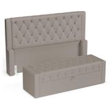 Cabeceira E Calçadeira Báu King Size Atena 195cm Capitonê Suede Bege - Desk Design