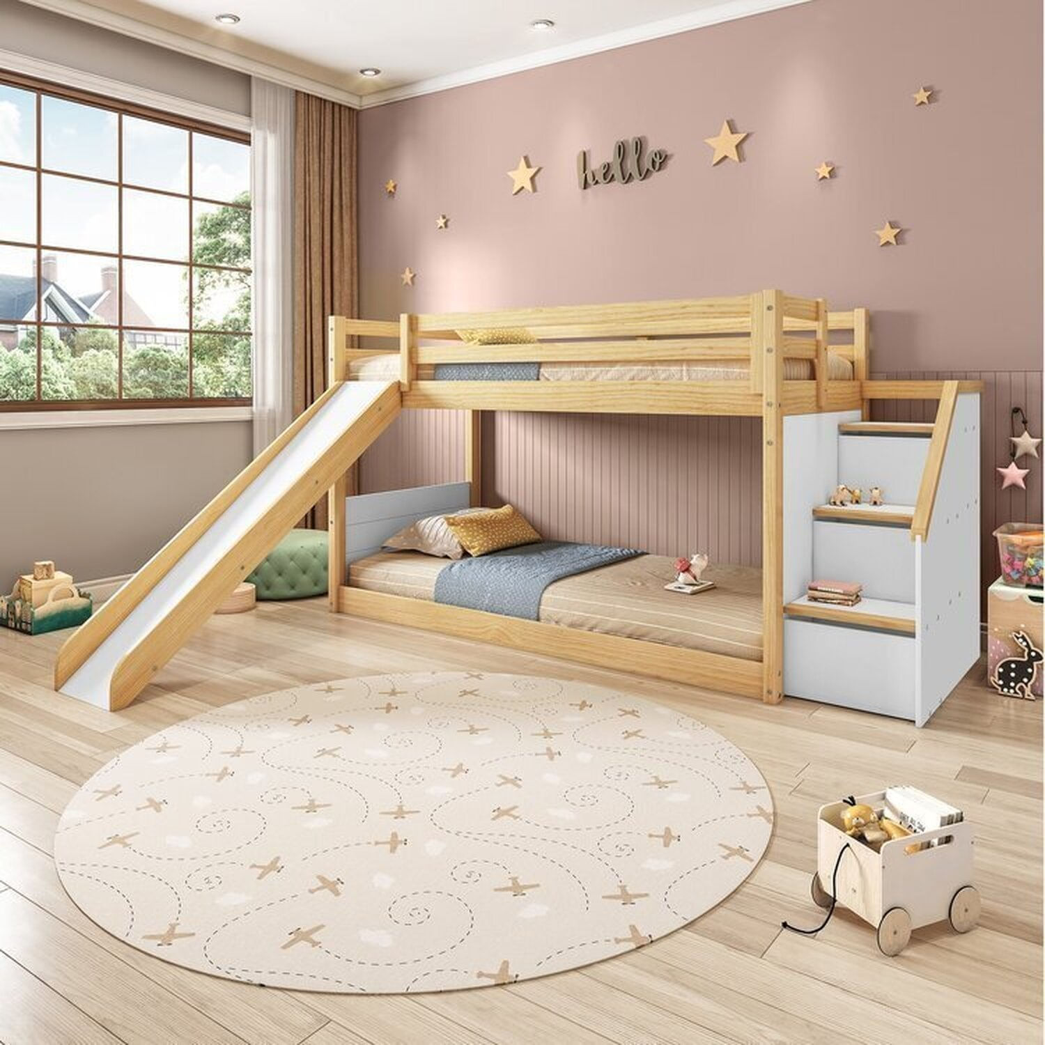 Beliche Infantil Montessoriana Garden Com Escada Lateral Grade Proteção I E Escorregador Casatema Branco/natural