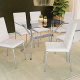 Conjunto Mesa Loire Tampo De Vidro E 6 Cadeiras Amsterdã Cromado/branco