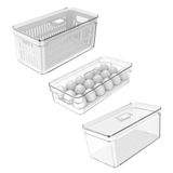 Kit 3 Organizadores De Geladeira Clear Fresh Ou - Porta Ovos, Porta Frutas E Legumes