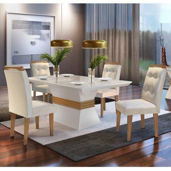 Conjunto Sala De Jantar Mesa 4 Cadeiras Luísa Espresso  Móveis Veludo Creme/Off White/Imbuia