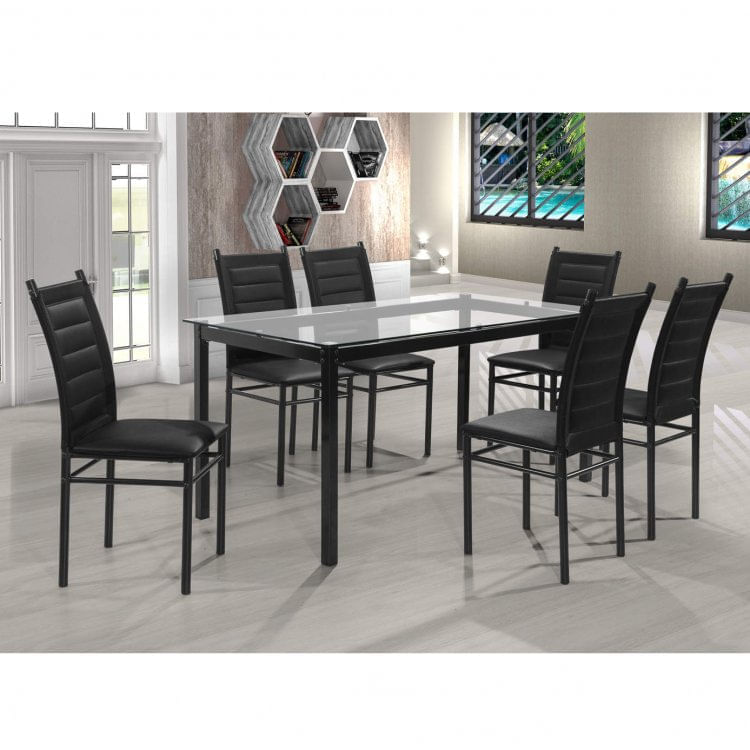 Conjunto Sala de Jantar Mesa Tampo de Vidro 80cmx160cm 6 Cadeiras Ivete Espresso Móveis Preto