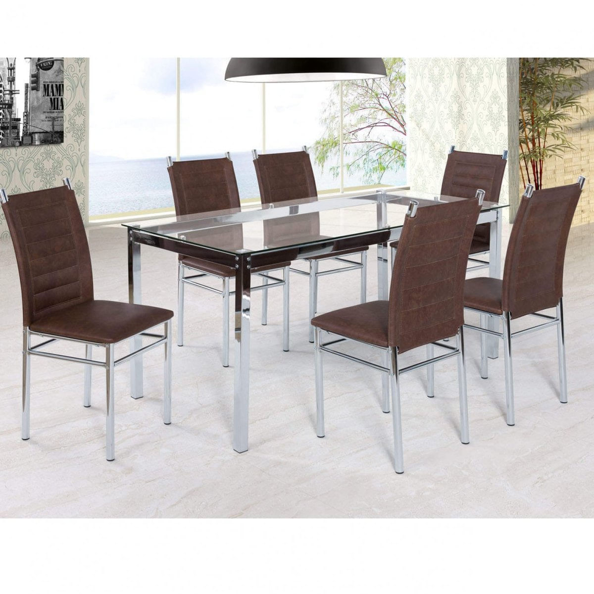 Conjunto Sala de Jantar Mesa Tampo de Vidro 6 Cadeiras Aço Tokio Yescasa Cromado/Marrom Tex