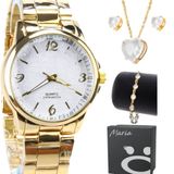 Relogio Feminino Dourado + Colar Aço Strass + Pulseira Caixa Casual Social Presente Qualidade Premim